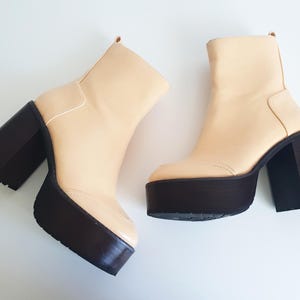 70s Style Platform Ankle Boots , Beige Brown Vegan Leather Grunge Shoes By Shellys London Size EUR 37 / US 6  / UK  4
