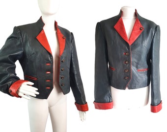 ALPHORN Leather Jacket , 90s Blue-Gray Red Women Cropped Jacket Size M / L