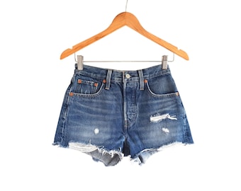 Levis 501 Shorts Blue Denim Button Fly Ragged Jeans Size XXS / XS W24 / W25