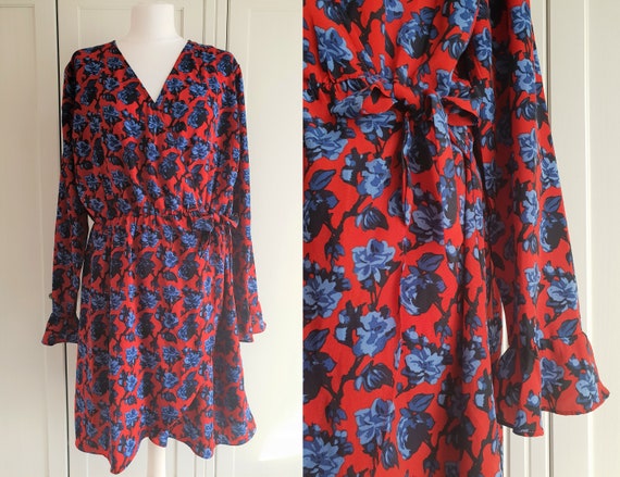 Vintage Women Dress Red Blue Floral Print Envelope Dress Size | Etsy