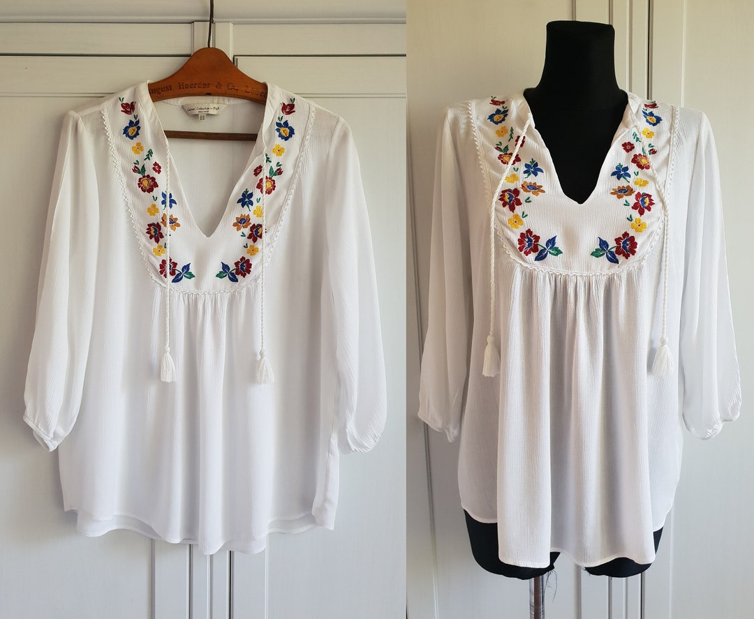 Embroidered Top Hippie Boho Top Ethnic Folk Shirt White - Etsy