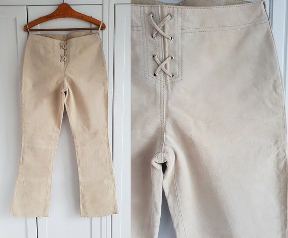 Vintage Suede Leather Pants Lace up Beige Genuine