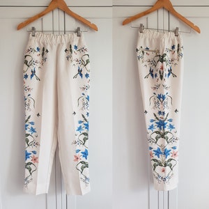 Vintage Painted Pants Ivory Multicolor Sommer Capri Hose High Waist Frauen Mädchen Größe XS