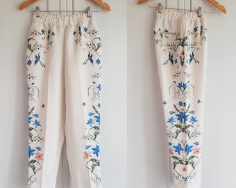 vintage Pantalon Peint Ivoire Multicolore Été Capri Pantalon Taille Haute Femmes Fille Taille XS