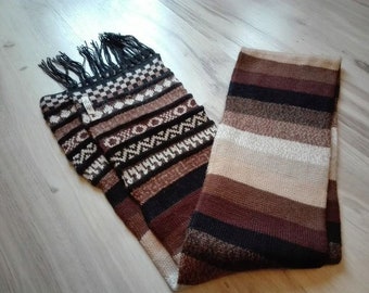 Vintage Knit Scarf Beige Brown Black Print Baby Alpaca Shawl San RoquemFringes Made in Peru