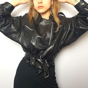 Veste motard en cuir noir vintage, veste de moto à bascule, veste en cuir d'agneau Mike Kurtis Paris, fabriqué en France, femme taille L