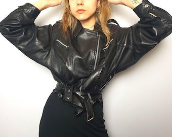 Vintage Black Lamb Leather Biker Jacket By Mike Kurtis Paris Made in France Women Size L
