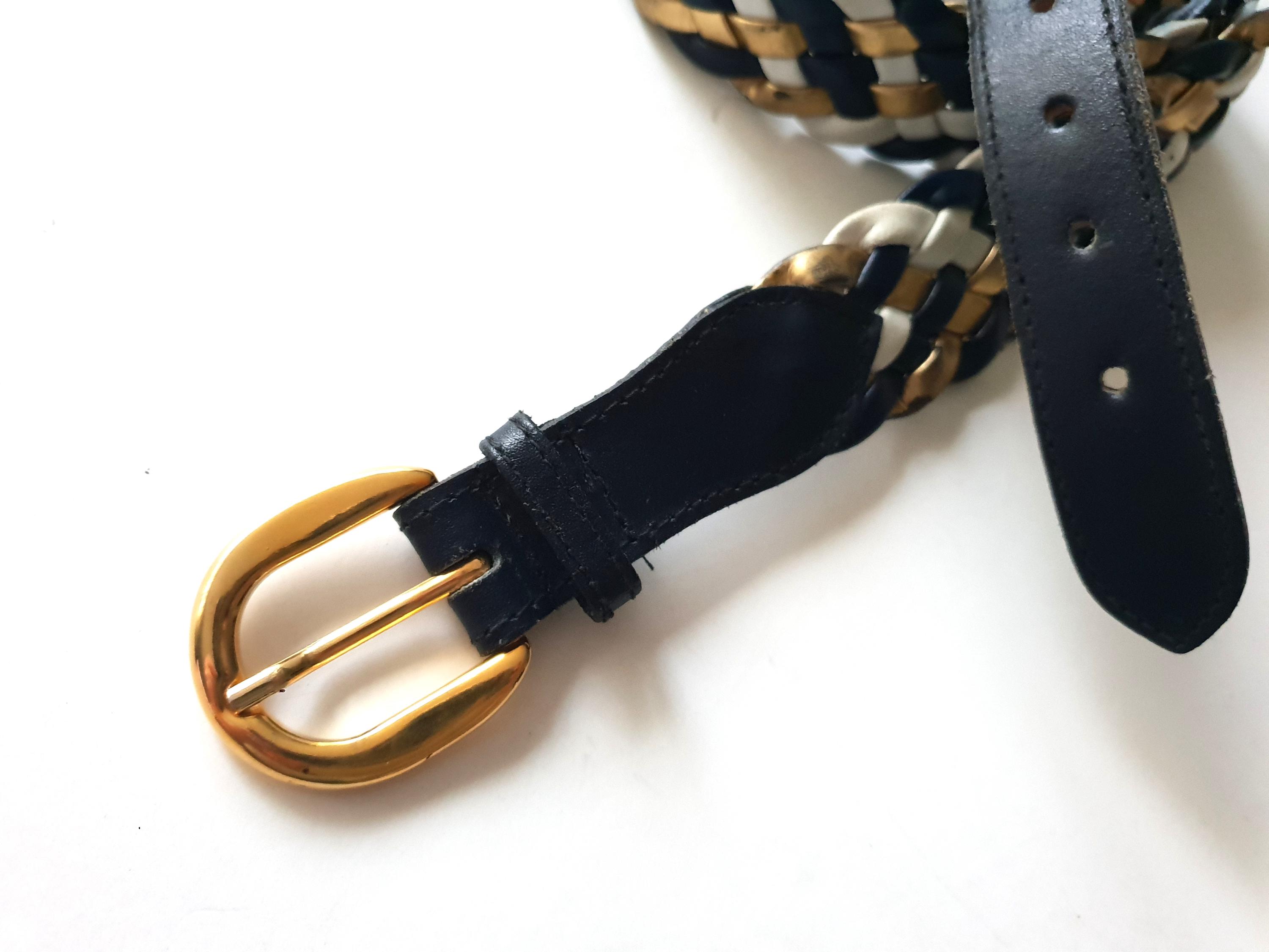 Vintage Braided Vegan Leather Belt: Navy, White & Gold - Etsy