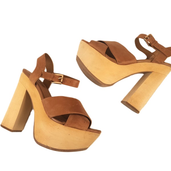 70s Style Clogs Sandals , Wedges Platform Shoes ,  Brown Leather , Grunge Boho Style , Women Size EUR 39 / / US 7,5  / UK 6