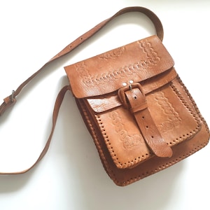 70er Jahre Vintage Leder Crossbody Bag Handgemachte Boho Folk Style Tasche