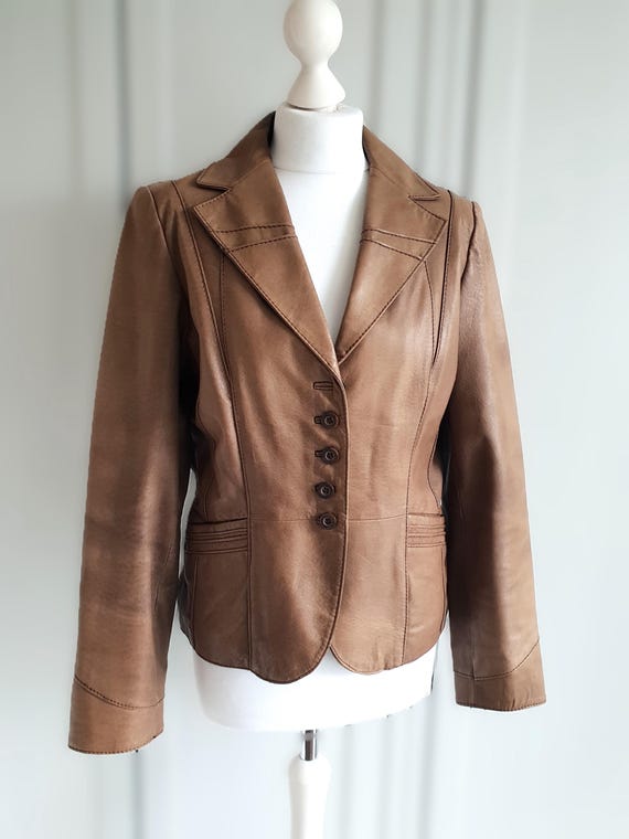 Vintage Lederjacke Beige Braune Blazer Jacke Von Jofama Damen