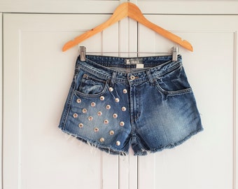 Blue Denim Shorts, Destroyed Ripped Women Jeans Cut Off , Grunge Boho Hippie Look Size S / M