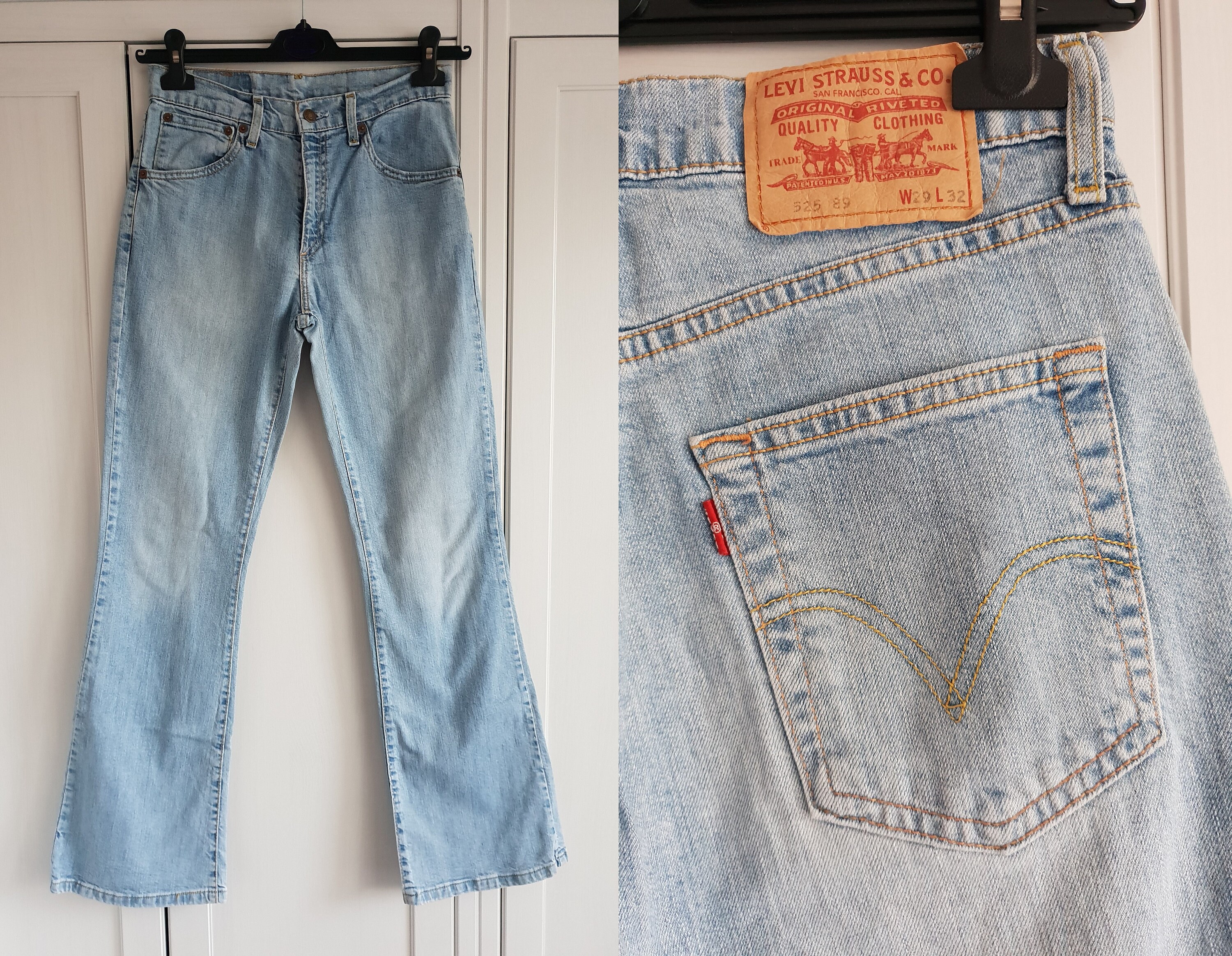 Vintage Levis 525 Jeans Blue Denim High Waist Men Women Bell