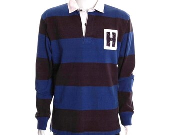 Vintage Tommy Hilfiger Striped Rugby Shirt: Blue Black Cotton Longsleeve (Size XL)