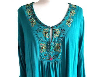 Chemisier brodé vintage : tunique bohème turquoise avec perles - TG