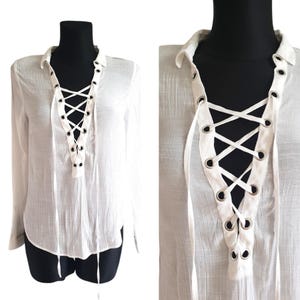 Vintage weiße Bluse mit Schnürung Top Damen Größe XS / EUR 34