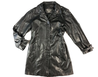 Vintage Black Leather Coat , Women Genuine Leather Jacket , Hipster Overcoat  Size L