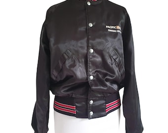 Vintage Black Satin Bomber Jacket: Pla-Jack Dunbrooke, Made in USA