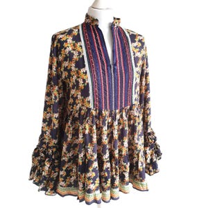 Vintage Boho Floral Tunic Blouse with Embroidered Details Hippie Multicolored Blouse Women Top Size S / M
