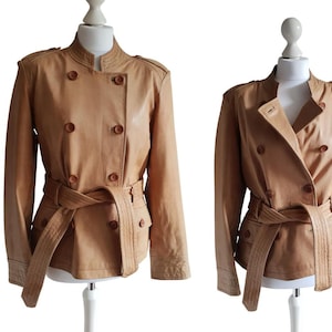 Veste en cuir vintage croisée nouée avec épaulettes pour femmes, taille M/L