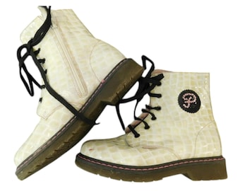 Vintage Hiking Women Girls Ankle Boots Crocodile Pattern Leather By Pablosky