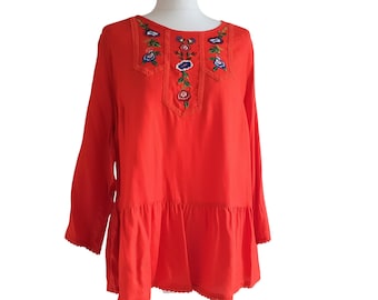Y2K Embroidered Blouse Boho Style Top Ethnic Folk Red Shirt Hippie Women Tunic Size L / XL