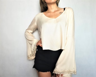 Vintage Top Blouse Shirt Cotton Lace Ivory Peach Hippie Boho Summer Beach Top Women Size M / L