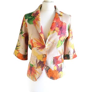 Vintage Linen Cropped Blazer Floral Print Women Size  38 / M Made in Italy