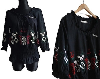 Vintage Folk Embroidered Shirt Black Boho Blouse Hippie Top Women Size M / L