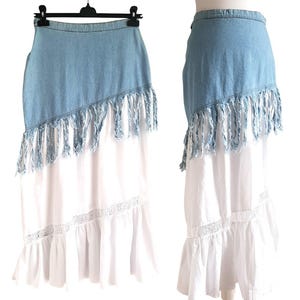 Vintage Long Jeans Skirt Blue Denim White Cotton Ragged Boho Hippie Maxi Skirt Women Size W29 / M - L