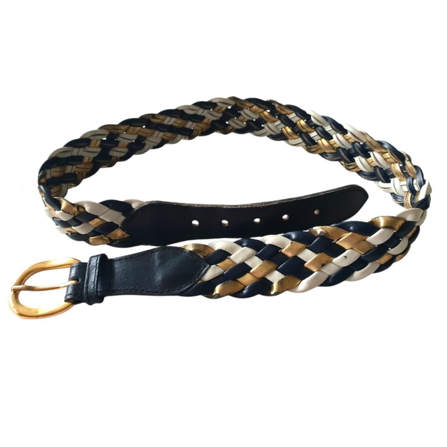 Navy Vegan Leather Vintage Gold Brooch Belt Vintage Braided Vegan Leather Belt: Navy, White & Gold - Etsy main image 2