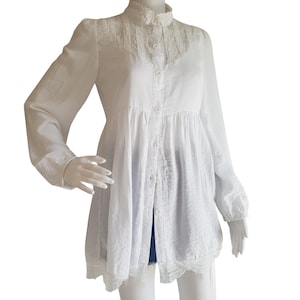 Vintage Boho Blouse White Lace Summer Long Tunic Shirt Women Size S