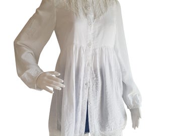 Vintage Boho Blus Vit Spets Sommar Lång Tunika Dam Storlek S