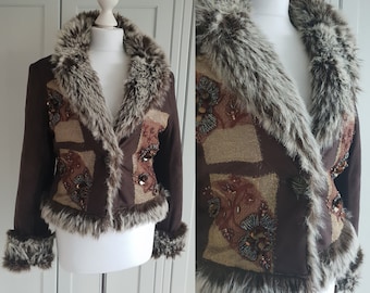 Y2K Sheepskin Cropped Jacket Warm Brown Boho Women Winter Vegan Faux Fur Leather  Jacket Penny Lane Size M / L