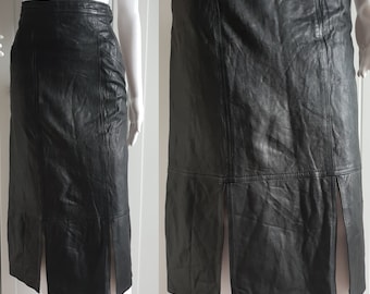 90s Black Leather Skirt Vintage Retro Midi Pencil Skirt Women Size XXS / XS