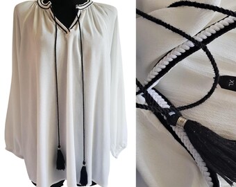Boho Blus Skjorta Off White & Black Vintage Boho Topp Sommar Strandtunika Dam Storlek XL