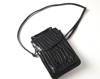 DOLCIS zwarte leren crossbodytas met krokodillenprint jaren 70 - Made in Italy