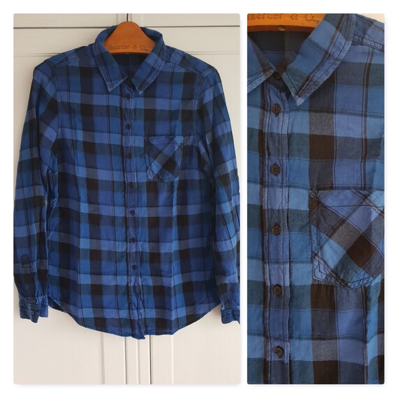 Vintage Plaid Shirt Blue Black 