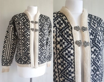 Vintage Knit Wool Cardigan Sweater Black White Scandinavian Print  Size S / M