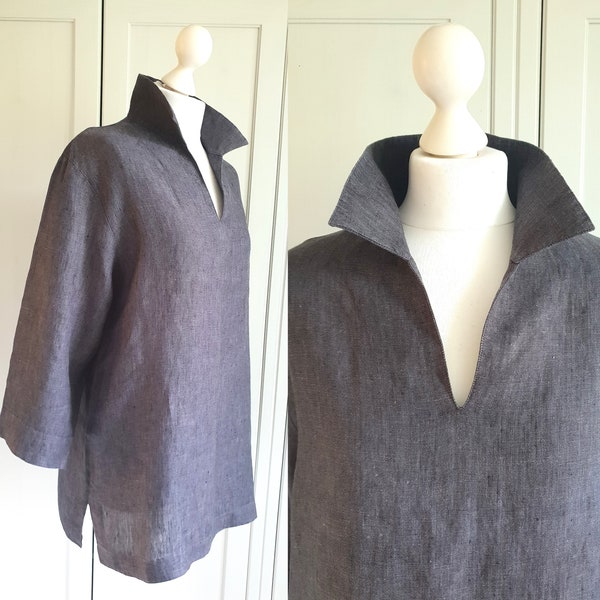 Vintage Linen Shirt Dark Gray  Tunic Top Blouse By Jake*s Women Size  M / L