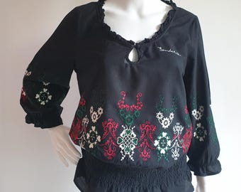 Bestickte Folk Bluse Ethno Schwarz Boho Shirt Vintage Hippie Frauen Top Bondelid Size L