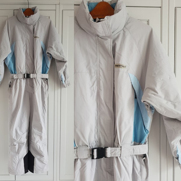 Vintage Ski Suit Trespass Light Gray Blue Overalls Snow Winter Jumpsuit Size  M / L