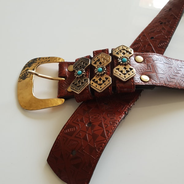 Vintage Boho Belt Brown Leather Gold Buckle Turquoise Beads