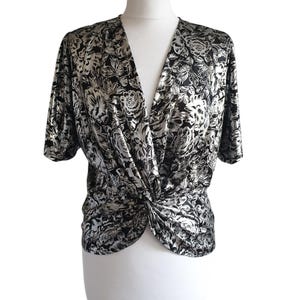 Vintage Women Top Black Silver Floral Print Evening Blouse Size M / L