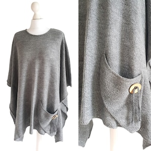 Y2K Frauen Strick Poncho Grau Umhang / Oversize Pullover Von Trend Setter