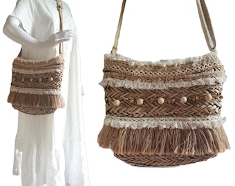 Boho Woven Straw Bag Vintage Summer White Beige Women Handbag