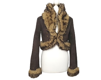 Vintage Vegan Sherpa Suede Leather Cropped Jacket Penny Lane Style Brown Beige Boho Folk Festival Coat Jacket Size S / M