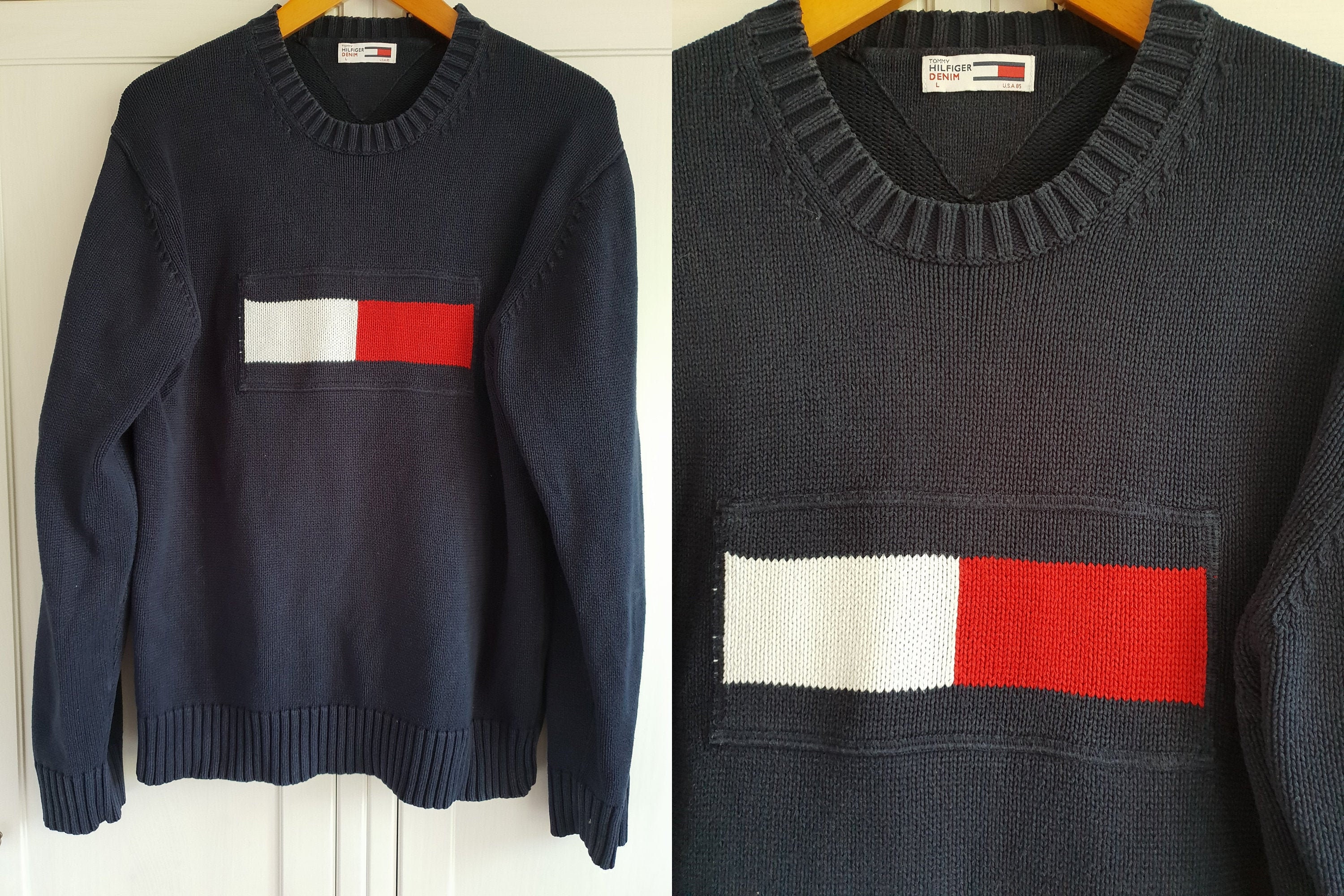 Vintage Tommy Hilfiger Sweater Navy Blue Red White Oldschool