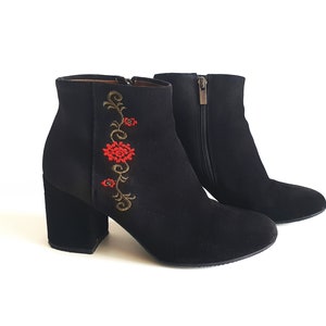 Black Suede Leather Ankle Boots , Embroidered Grunge Boho Women Shoes Size EUR 37 / US 6.5 / UK 4.5