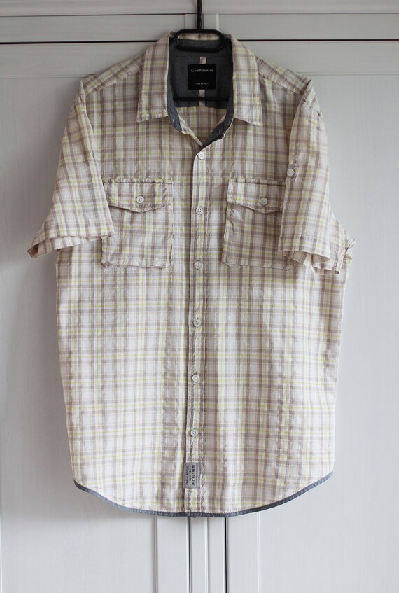 Camisa Calvin Klein Hombre Beige Gris Blanco Cuadros Algod n